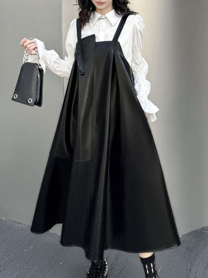 A-line Loose Asymmetric Pleated Color Split-joint Square-neck Midi Dresses Slip Dress