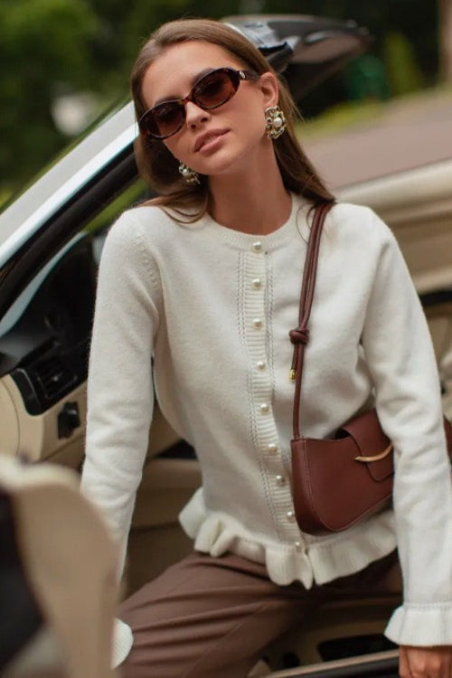 Crew Neck Layered Trim Long Sleeve Knit Cardigan