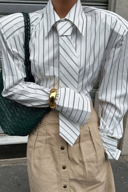 Striped Tie Shoulder Pad Smart Blouse