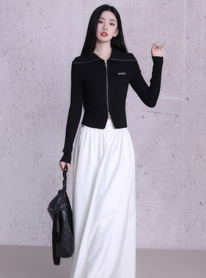 Ribbed Zip-front Cropped Cardigan - Fitted Long Sleeve Knit Top