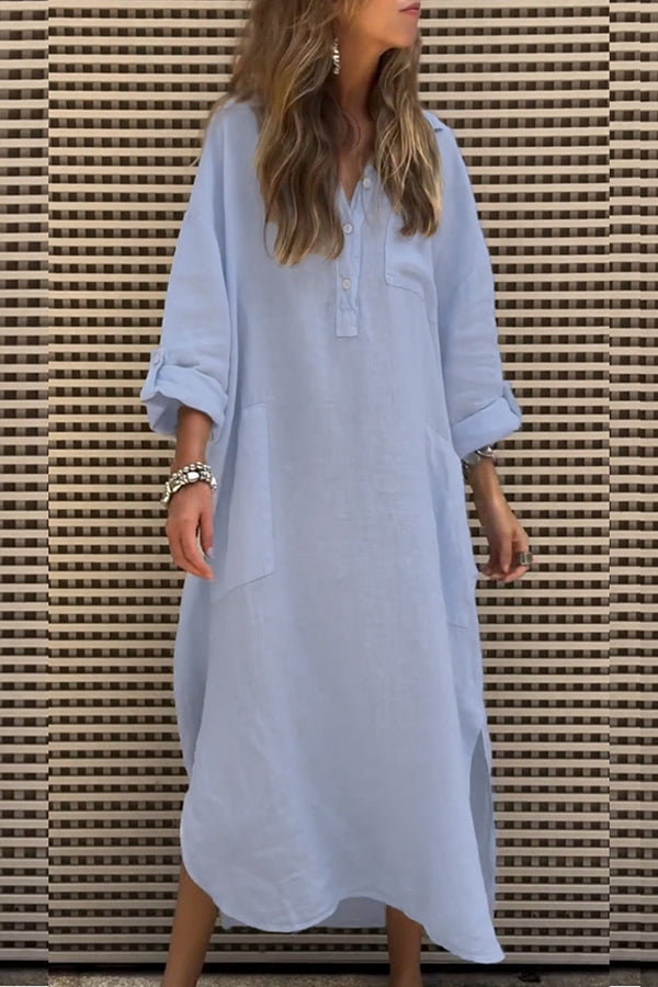 Color Button Pockets Irregular Hem Maxi Dress
