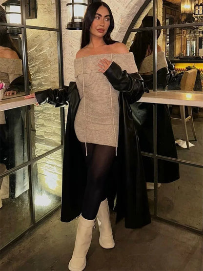 Knit Sweater Lace-up Mini Dress for Ribbed Long Sleeve Loose Backless Slim Dress ’s Knitwear Mini Dress