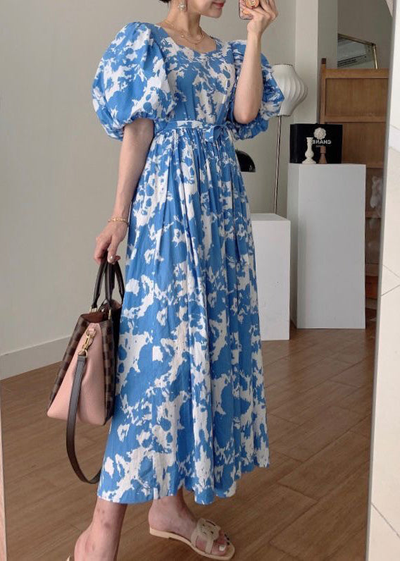 Blue Tie Waist Cotton Long Dresses Square Collar Puff Sleeve Qp007