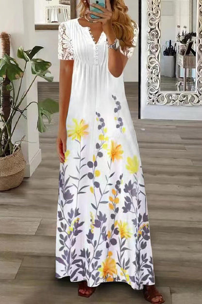 V Neck Button Lace Sleeve Holiday Beach Maxi Dress