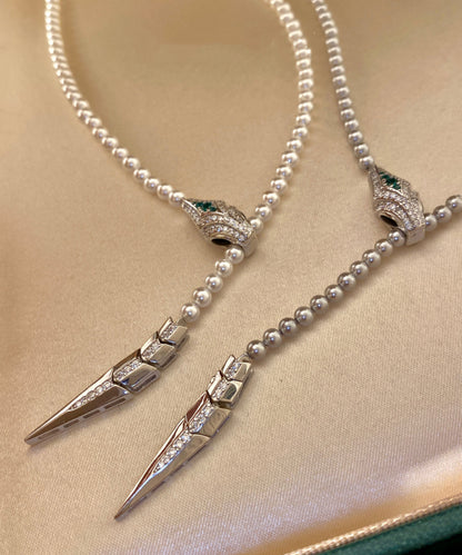 Boutique White Pearl Spirit Snake Zircon Sweater Chain Alloy Necklace