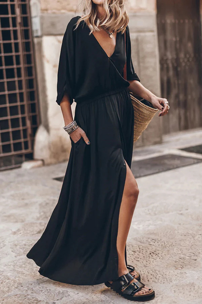 Soft and Kimono Sleeve Stretchy Waist Pocketed Slit Maxi Dress