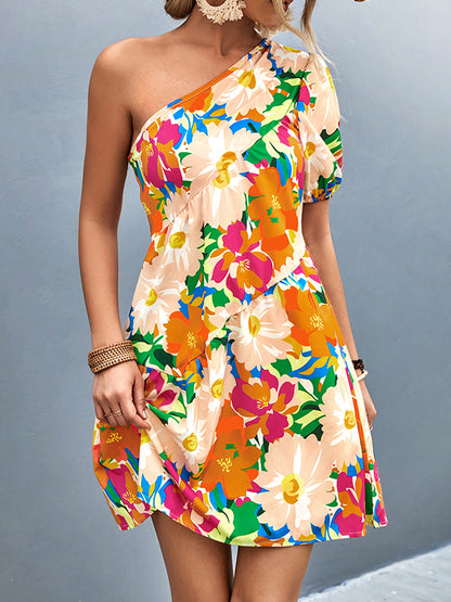 A-line Bishop Sleeve Flower Print Split-joint One-shoulder Mini Dresses