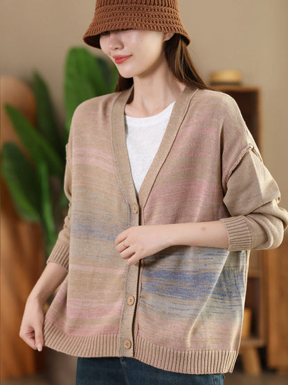 Autumn Artsy Colorful Knit V-neck Cardigan Sweater Ai1077