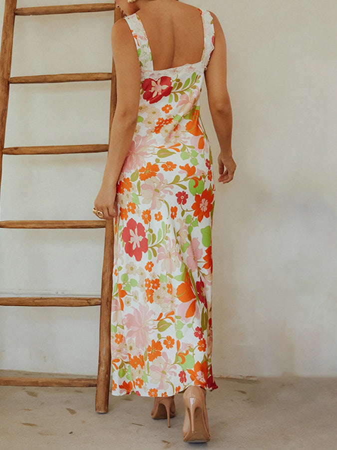 Printed Suspender Backless V-neck Long Dress