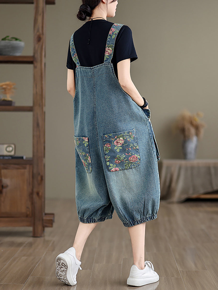 Summer Retro Flower Spliced Denim Jumpsuits Zz1021