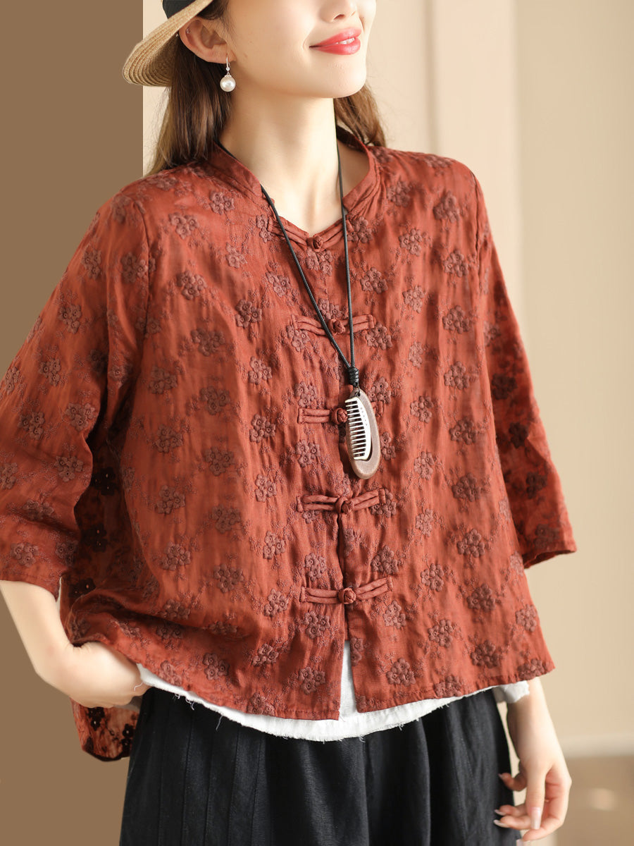 Flower Jacquard Button-up Ramie Blouse Sc1023