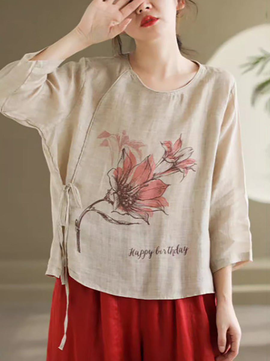 Spring Flower Strap Ramie Blouse Kl1039
