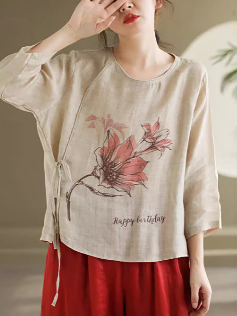 Spring Flower Strap Ramie Blouse Pa1032