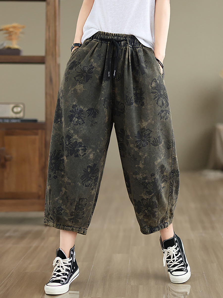 Summer Retro Flower Denim Loose Pants Ii1003