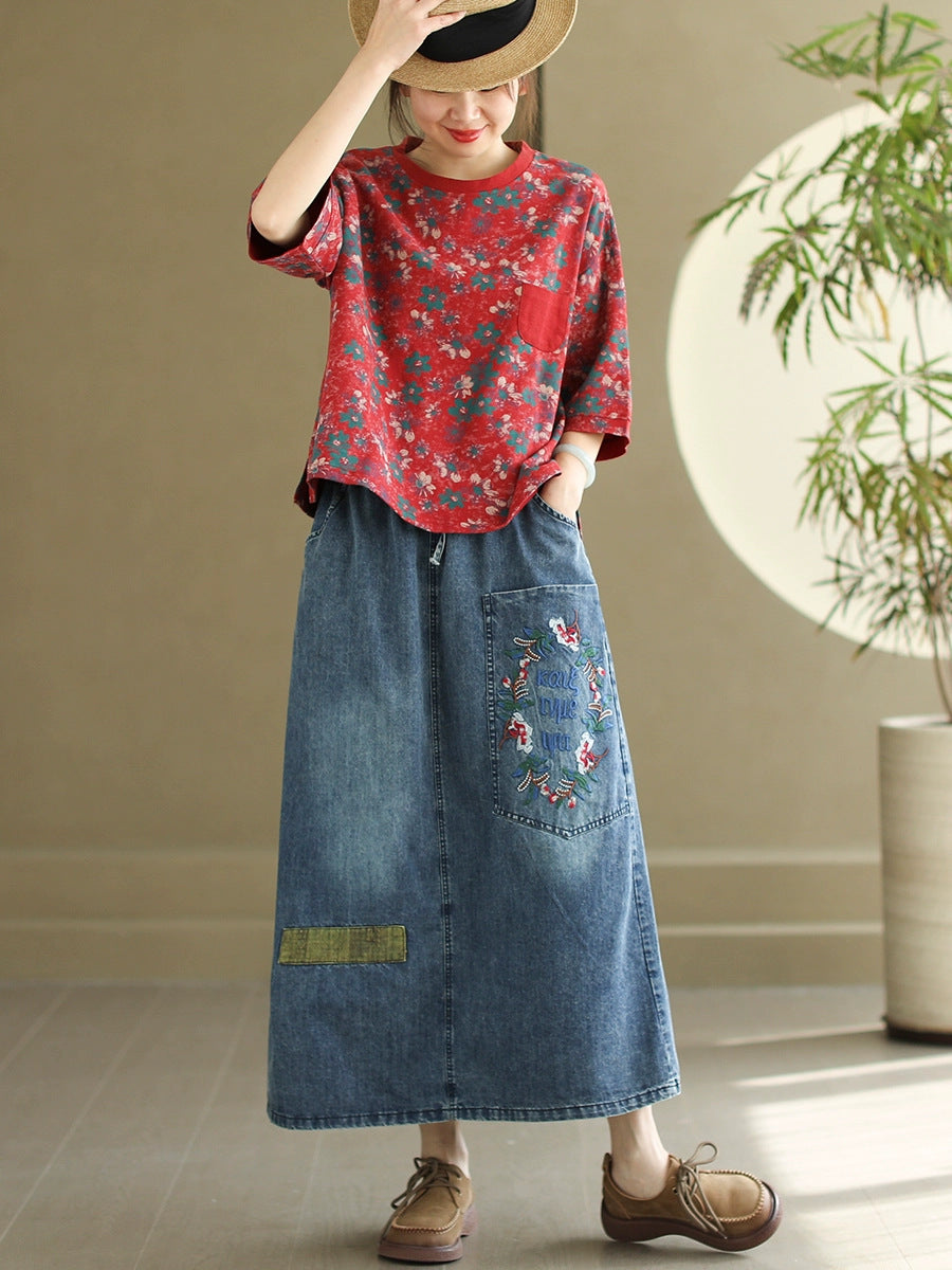 Artsy Flower Embroidery Denim Skirt Pa1009