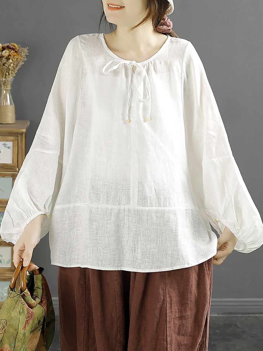 Autumn O-neck 100%linen Loose Blouse Ak1001