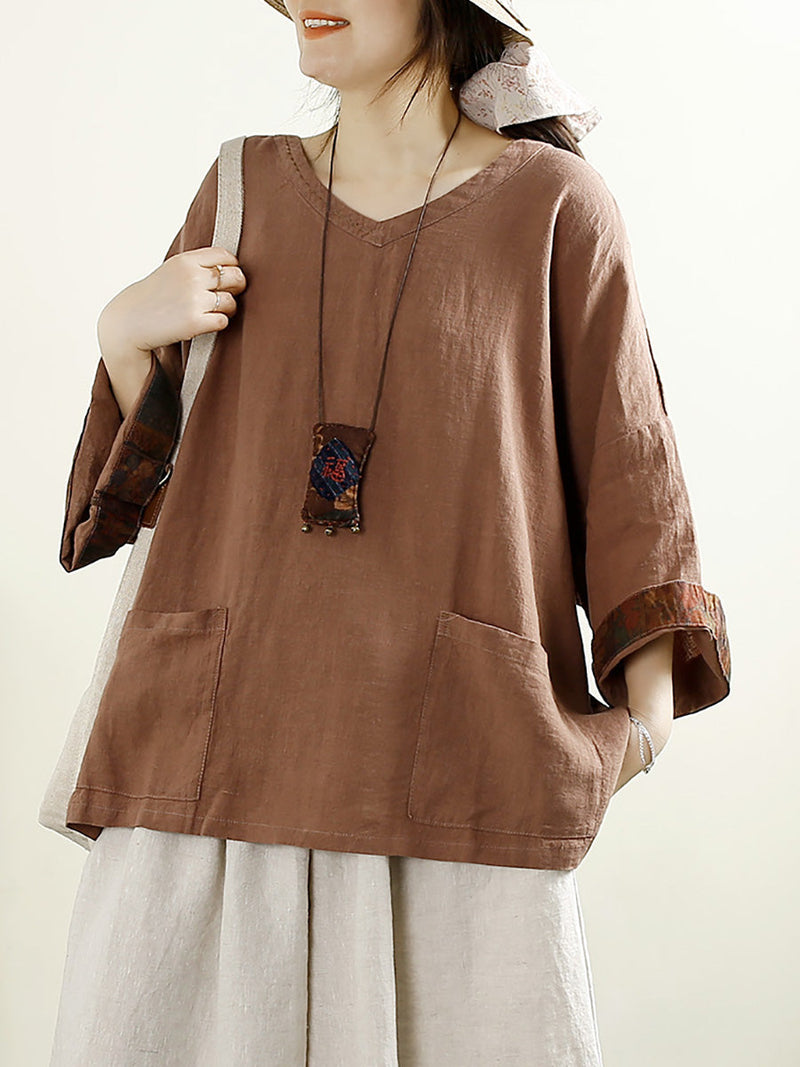 V-neck 100%linen Blouse Ak1006