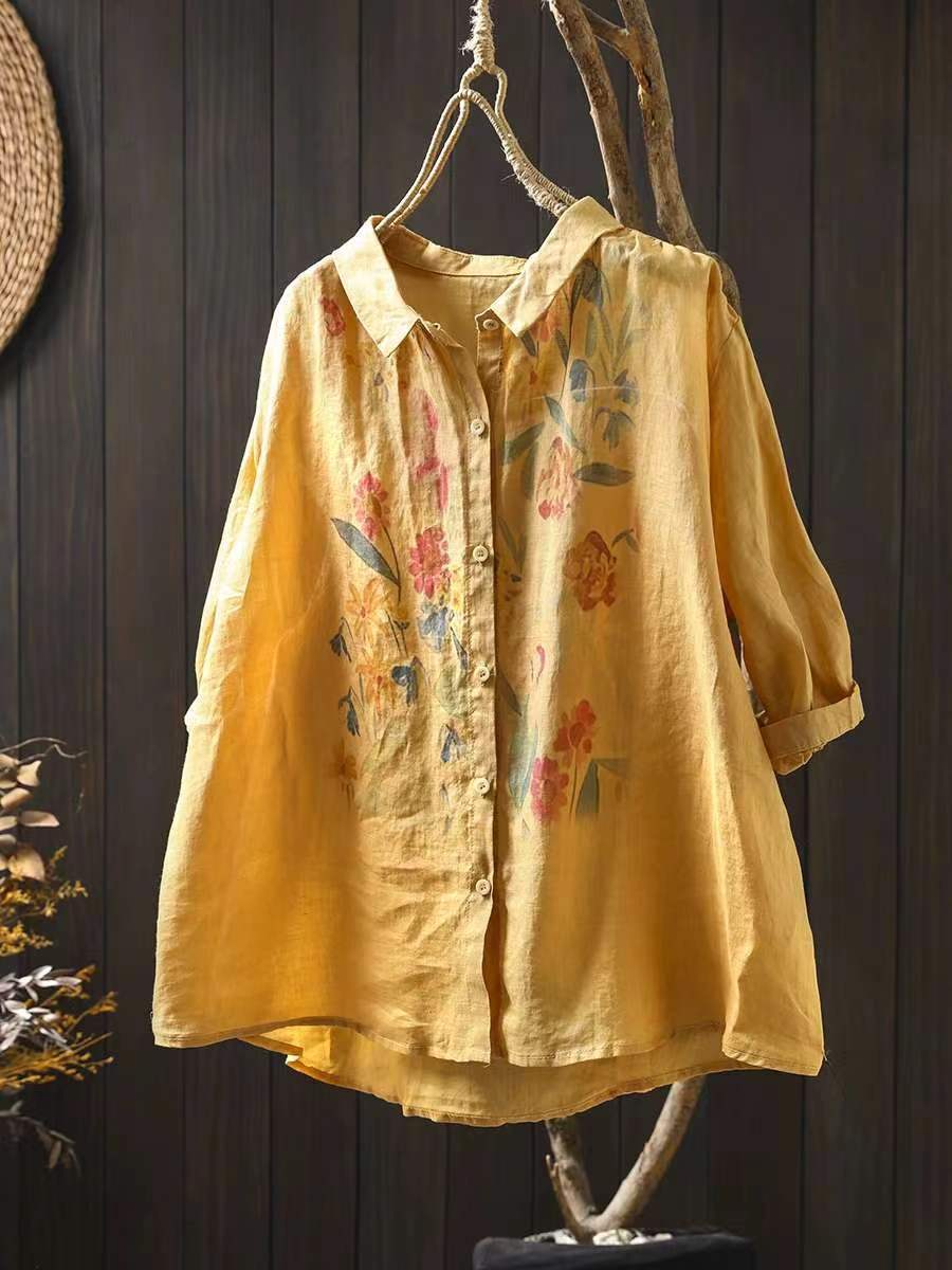 Artsy Summer Flower Print Ramie Blouse Pa1033