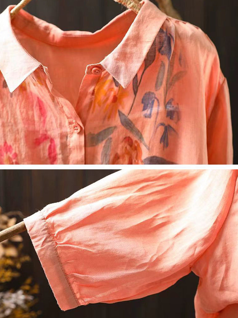 Artsy Summer Flower Print Ramie Blouse Kl1041