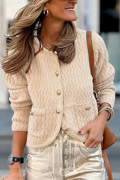 Color V-neck Long-sleeved Loose Pocket Knit Cardigan
