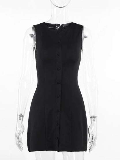 Sleeveless Mini Dress for New O Neck Single-btrasted Bodycon Club Party Tank Dress Femme Clothes