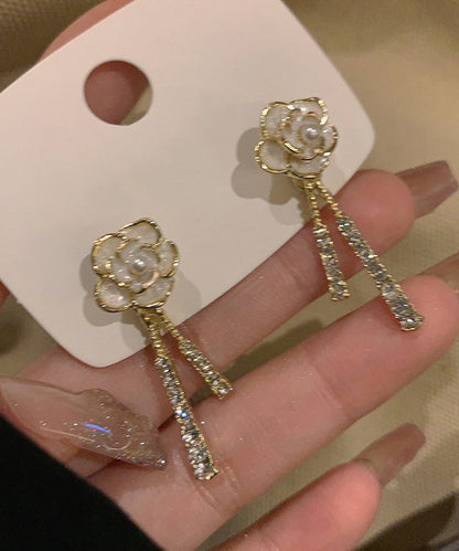 Gold Alloy Zircon Pearl Tassel Drop Earrings