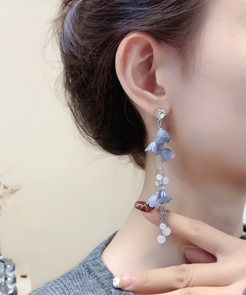 Diy Blue Sterling Silver Zircon Pearl Tassel Drop Earrings
