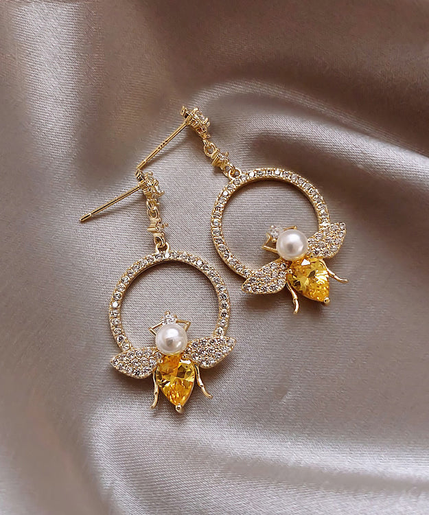 Yellow Alloy Crystal Zircon Bee Hoop Earrings