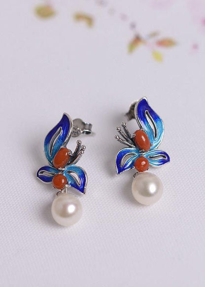 Cloisonne Butterfly Pearl Metal Stud Earrings