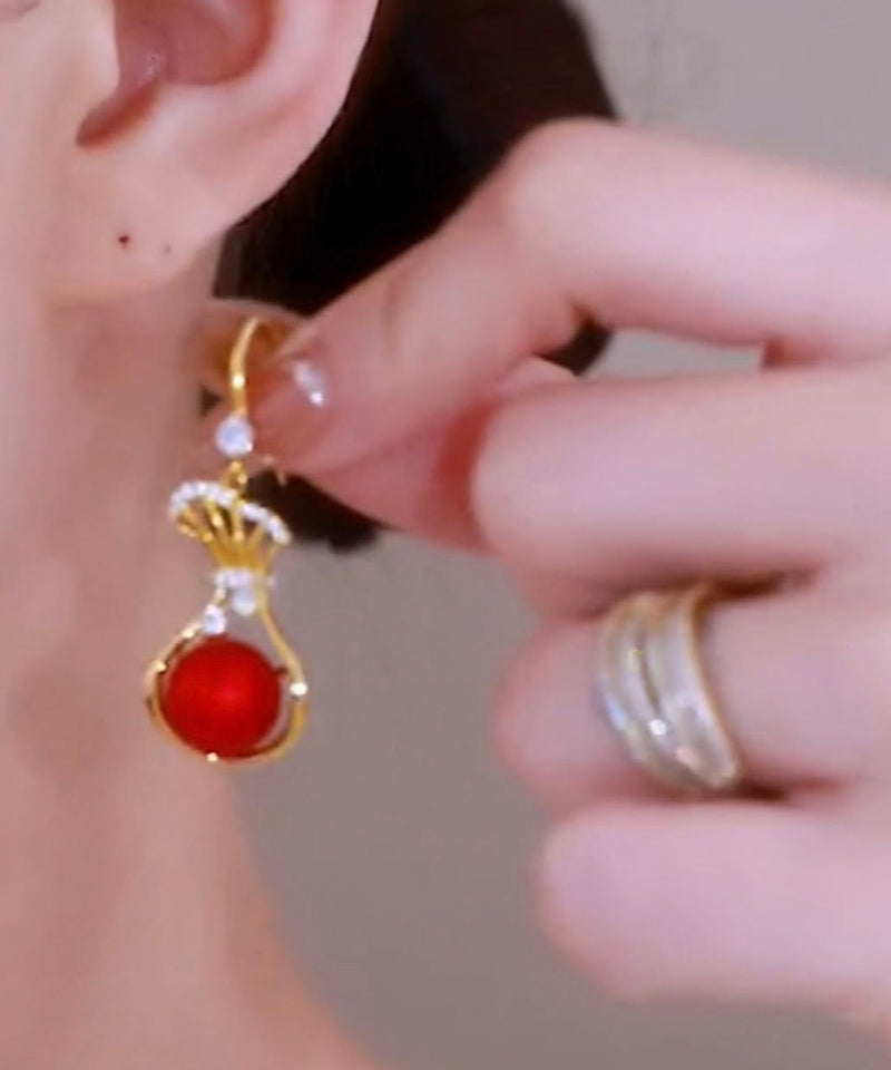 Red Stering Silver Overgild Zircon Pearl Money Bag Drop Earrings