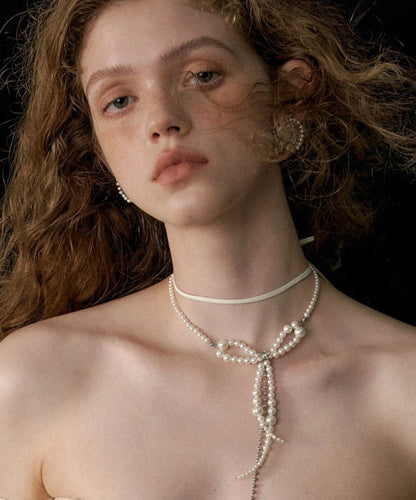 White Alloy Pearl Bow Chain Tassel Double Pendant Necklace