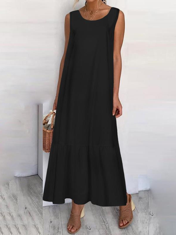 Loose See-through Color Split-joint Round-neck Maxi Dresses
