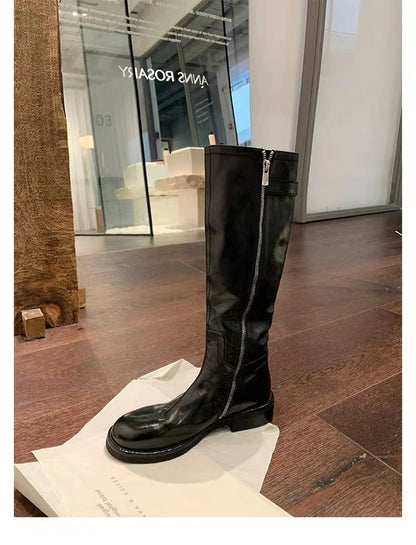 Washed Horse Round Toe Belt Buckle Thick Boots