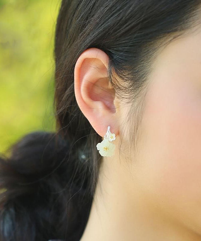 Classy White Sterling Silver Inlaid Jade Hoop Earrings