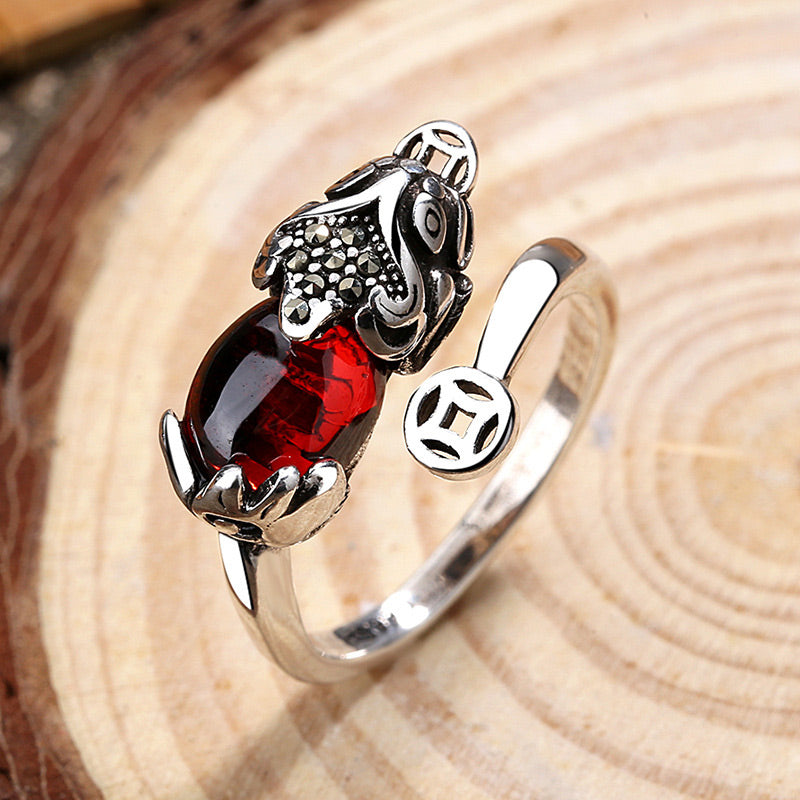 Buddha Stones Fengshui Genstone Pixiu Wealth Adjustable Ring