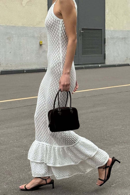 Ruffle Knit Cutout Sheer Cami Maxi Dress