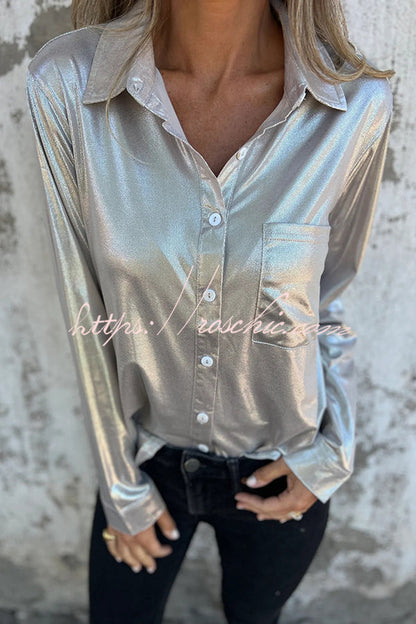 Holiday Look Metallic Loose Pocket Button-down Blouse