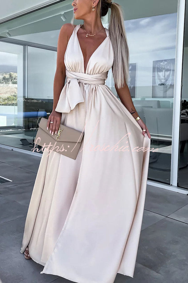 Different Effects Satin Free Tie Neck Slit Maxi Dress