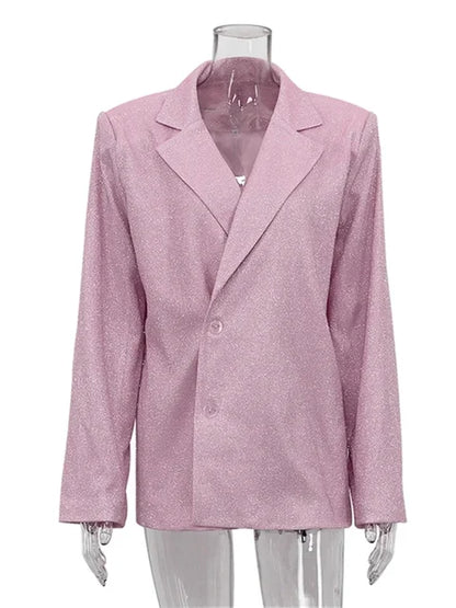 Sliver Sparkly Oversized Blazer Sets for Suit Glitter Coat and Pants Sets Blazer Femme Mujer Party