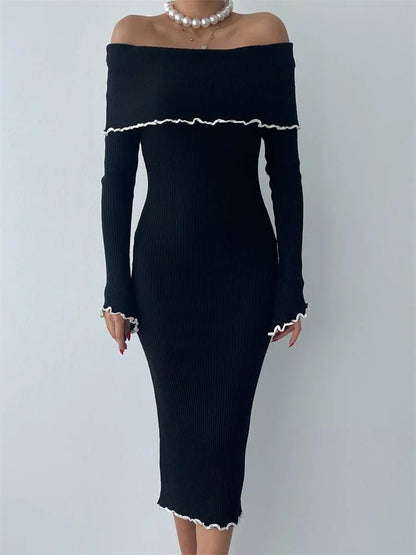 Ruffled Slim Knit Dress ’s Backless Long Sleeve Bandeau Contrast Autumn Party Dress Knitwear Maxi Dress