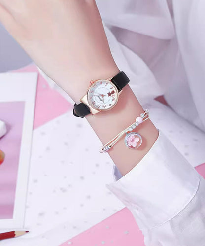 Black Genuine Leather Little Cats Waterproof Watch