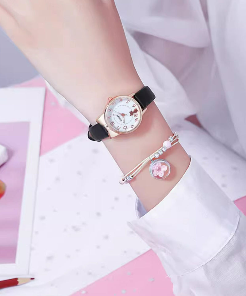 Black Genuine Leather Little Cats Waterproof Watch