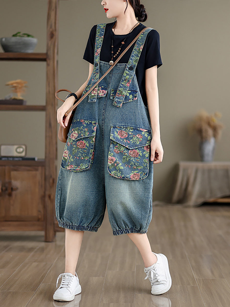 Summer Retro Flower Spliced Denim Jumpsuits Zz1021