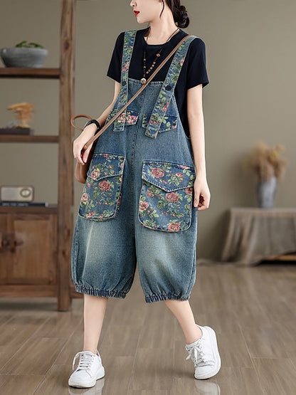 Summer Retro Flower Spliced Denim Jumpsuits Bn1030