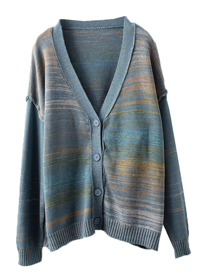 Autumn Artsy Colorful Knit V-neck Cardigan Sweater Ai1077