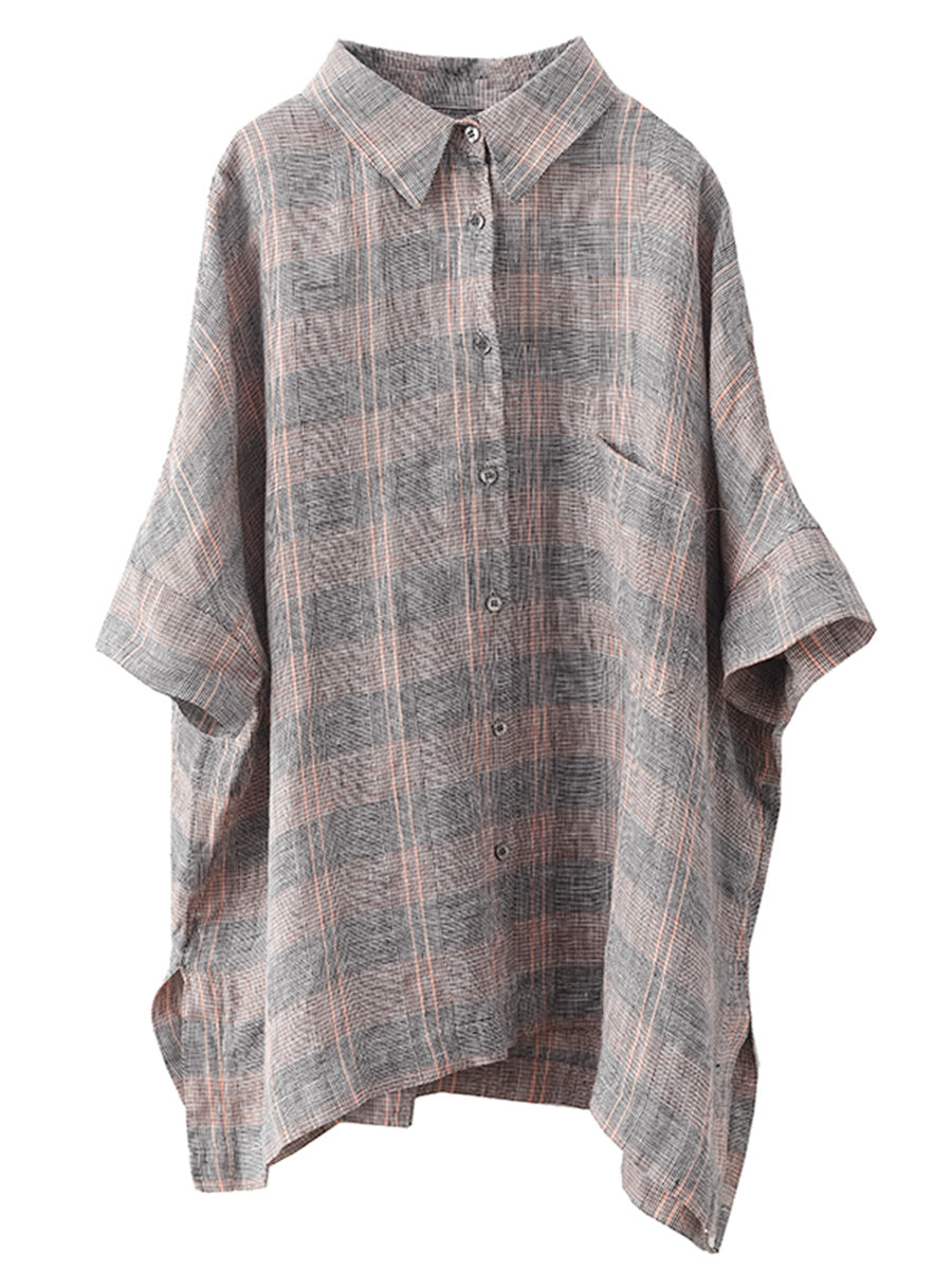 Retro Summer Plaid Linen Button-up Blouse Co1006