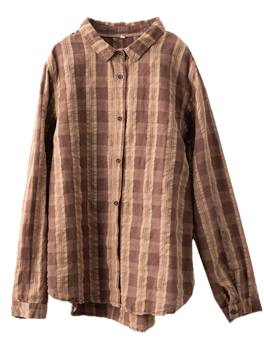 Autumn Plaid Button-up Linen Blouse At1038
