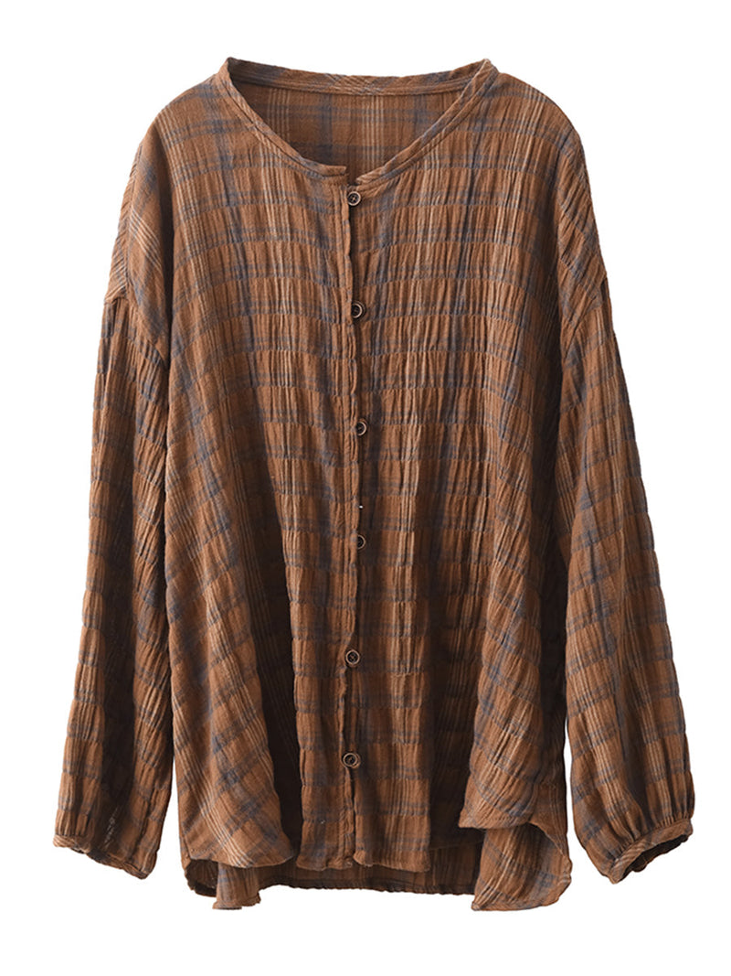 Spring Plaid Ramie Button Up Blouse Co1044