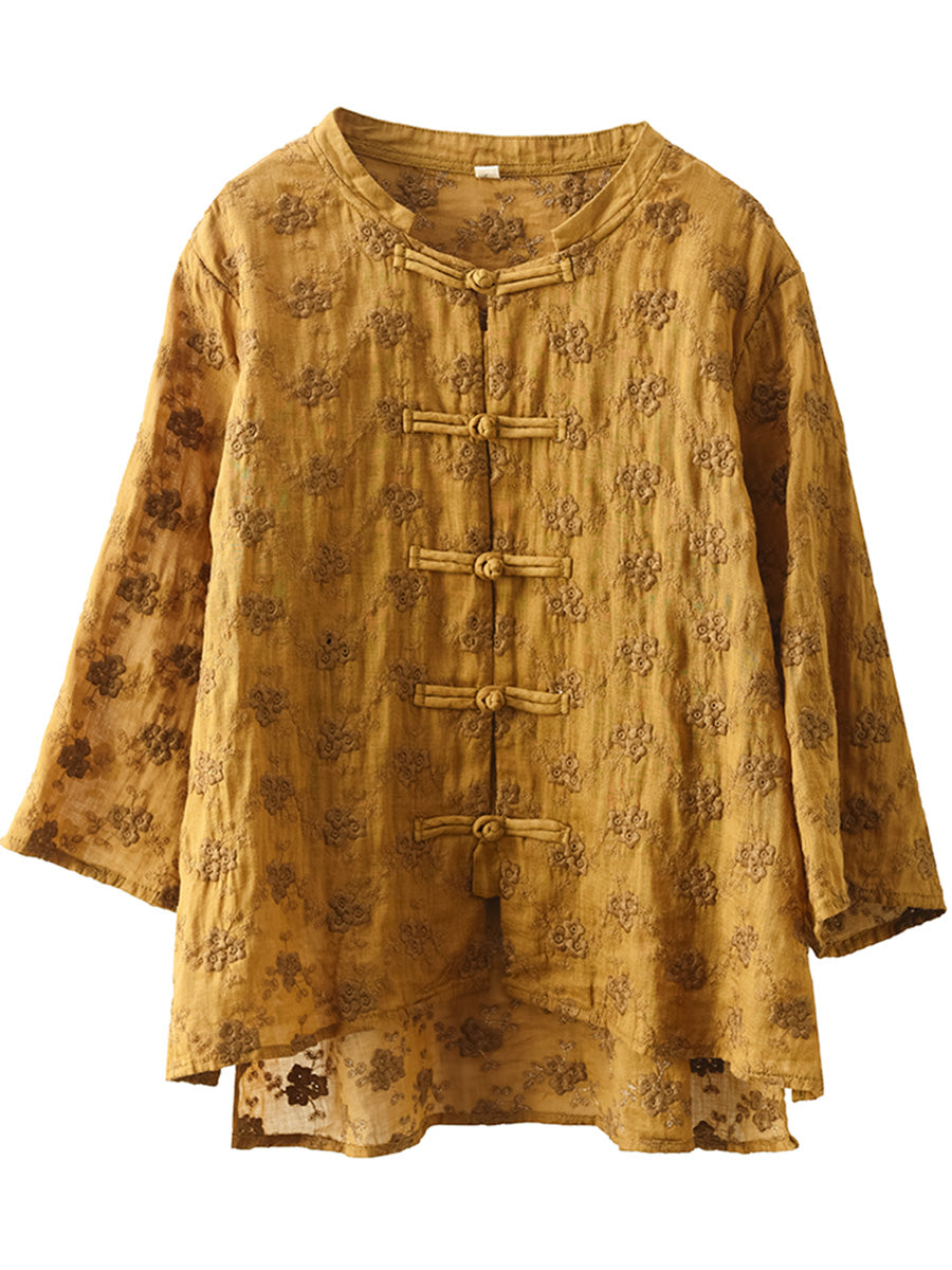 Flower Jacquard Button-up Ramie Blouse Sc1023