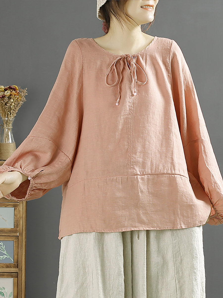 Autumn O-neck 100%linen Loose Blouse Ak1001